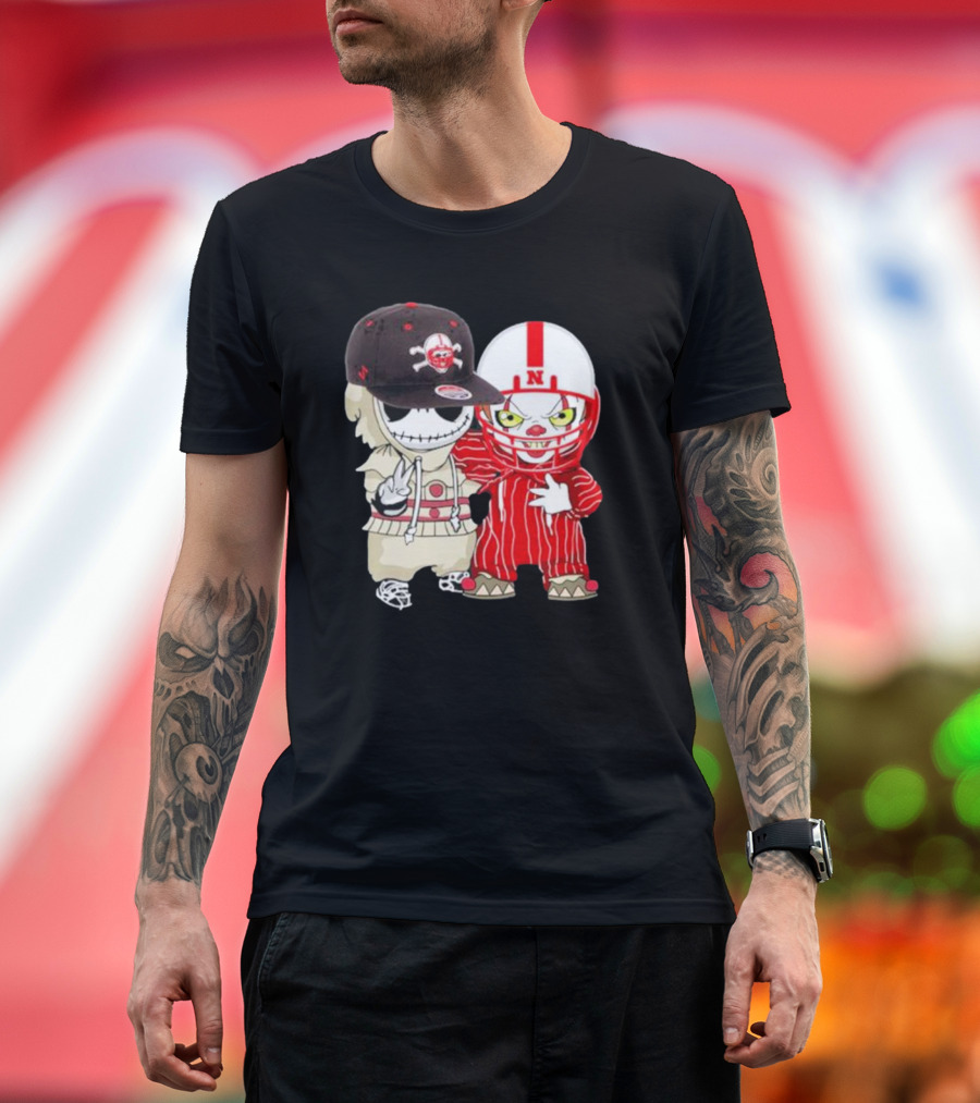 Baby Jack Skellington And Pennywise Nebraska Cornhuskers Halloween Characters T-Shirt