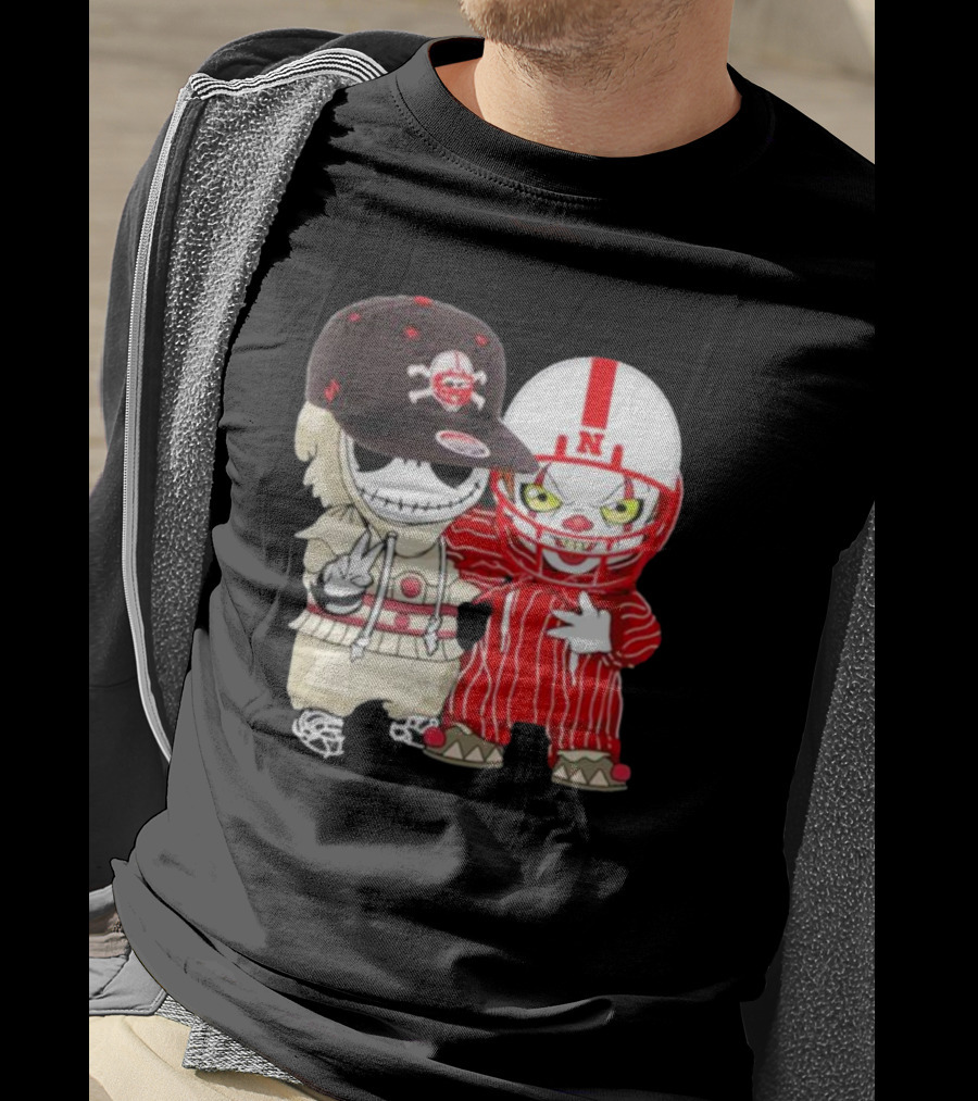 Baby Jack Skellington And Pennywise Nebraska Cornhuskers Halloween Characters T-Shirt