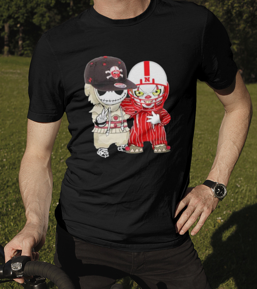 Baby Jack Skellington And Pennywise Nebraska Cornhuskers Halloween Characters T-Shirt