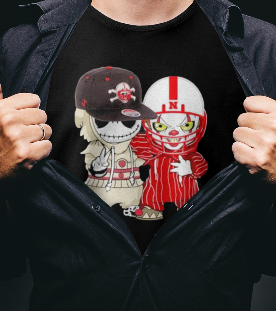 Baby Jack Skellington And Pennywise Nebraska Cornhuskers Halloween Characters T-Shirt