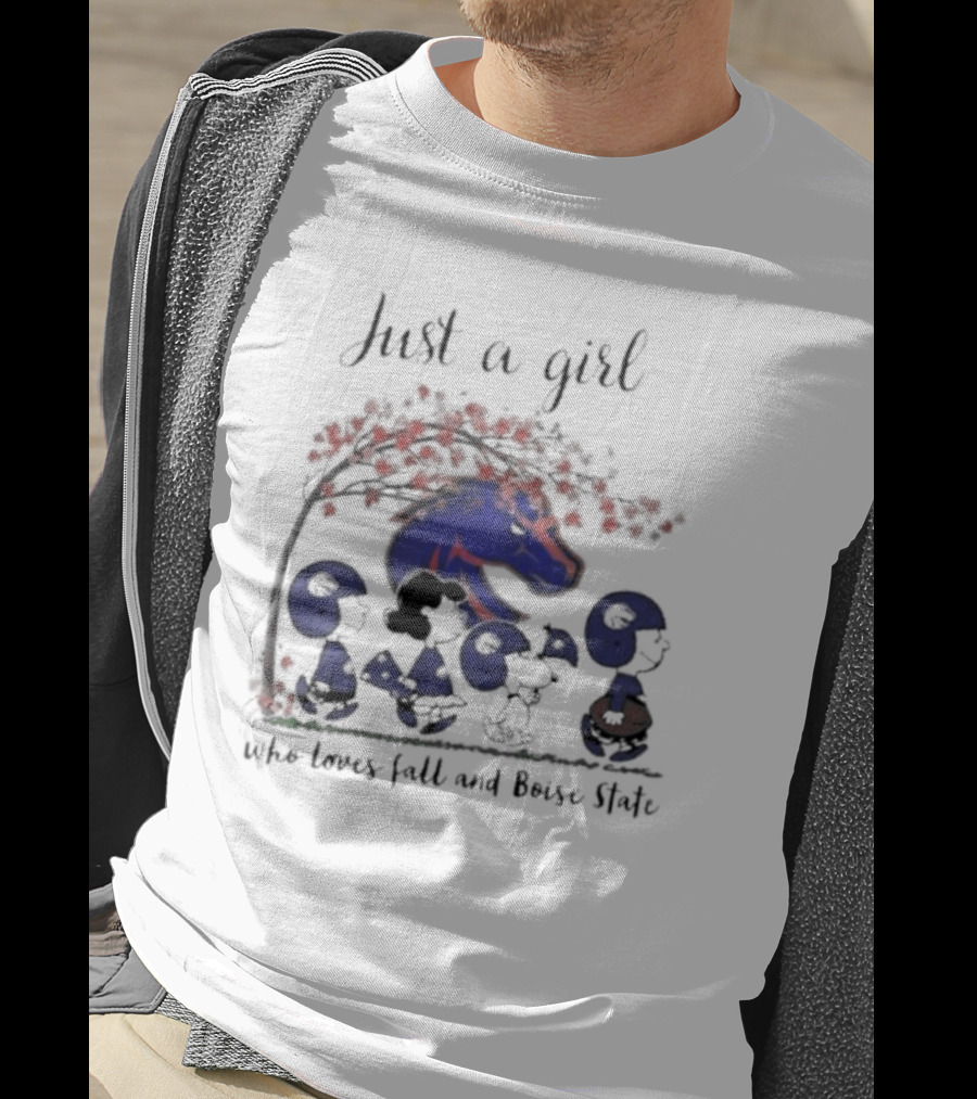 Just A Girl Who Loves Fall And Boise State Broncos Peanuts Snoopy Charlie Brown T-Shirt