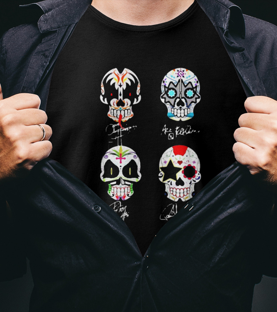 Kiss Band 4 Skull Faces Simmons Stanley Frehley Criss Signature T-Shirt