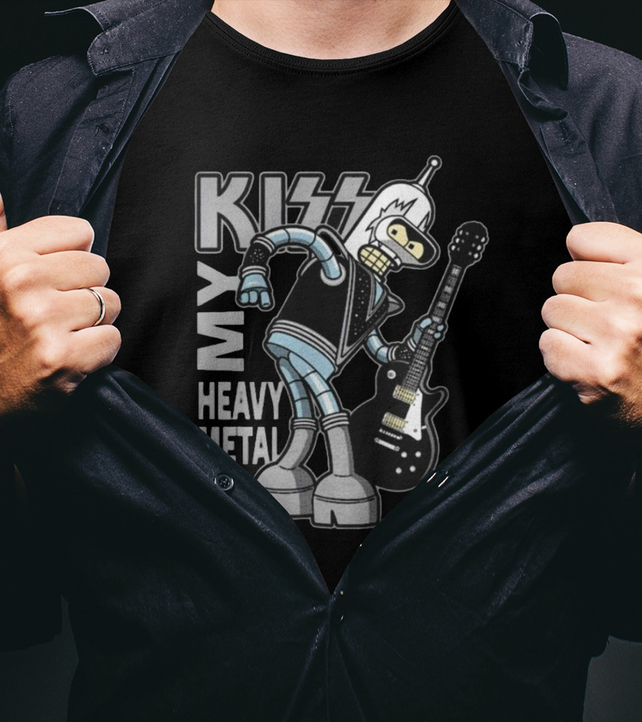 Kiss My Heavy Metal Ass Bender Robot With Guitar T-Shirt