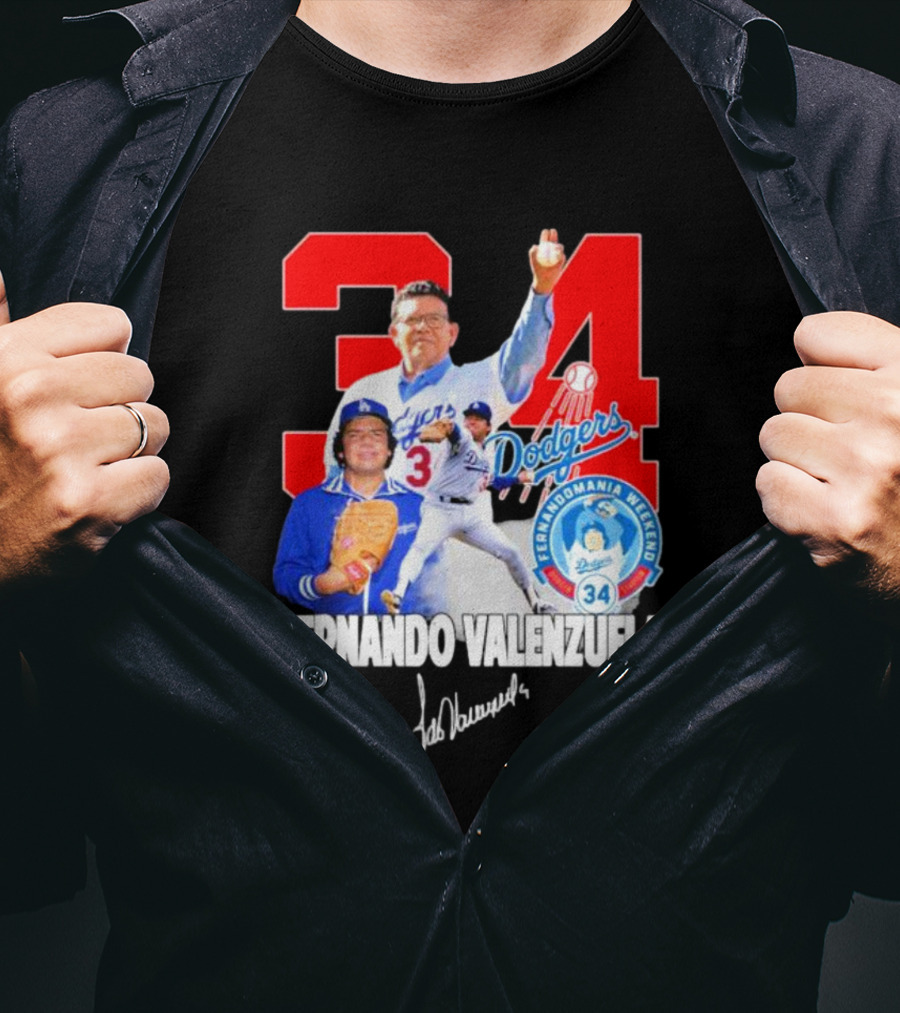 Dodgers Fernando Valenzuela Fernando Mania Weekend Signature 34 T-Shirt