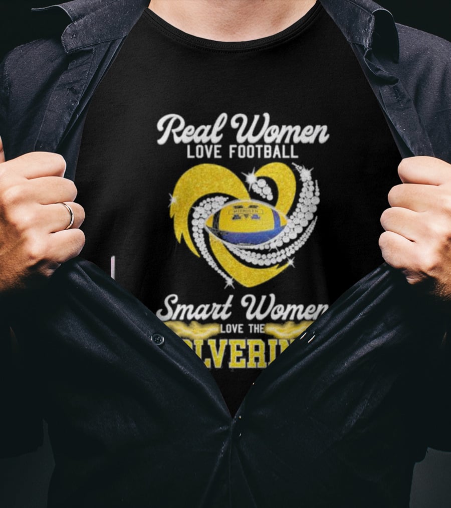 Real Women Love Football Smart Women Love The Wolverines Sparkling Heart Football T-Shirt