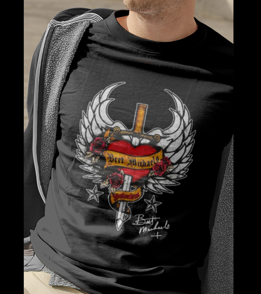 Bret Michaels Heart And Sword Winged Emblem With Roses And Stars T-Shirt