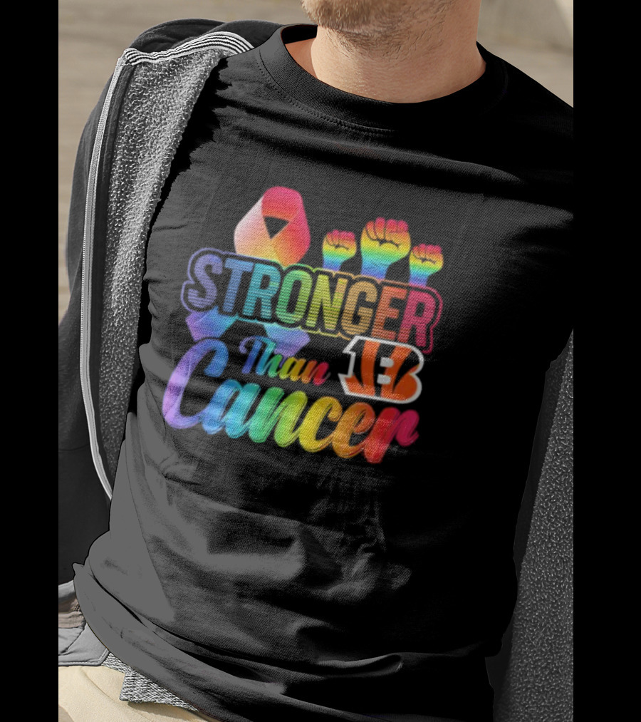 Stronger Than Cancer Cincinnati Bengals NFL Rainbow Ribbon And Fists T-Shirt