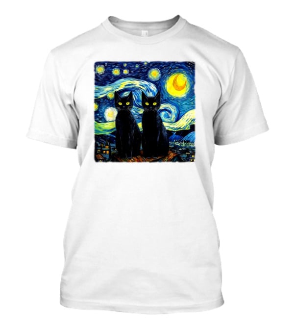 Black Cats Starry Night Vincent Van Gogh Painting Fusion T-Shirt