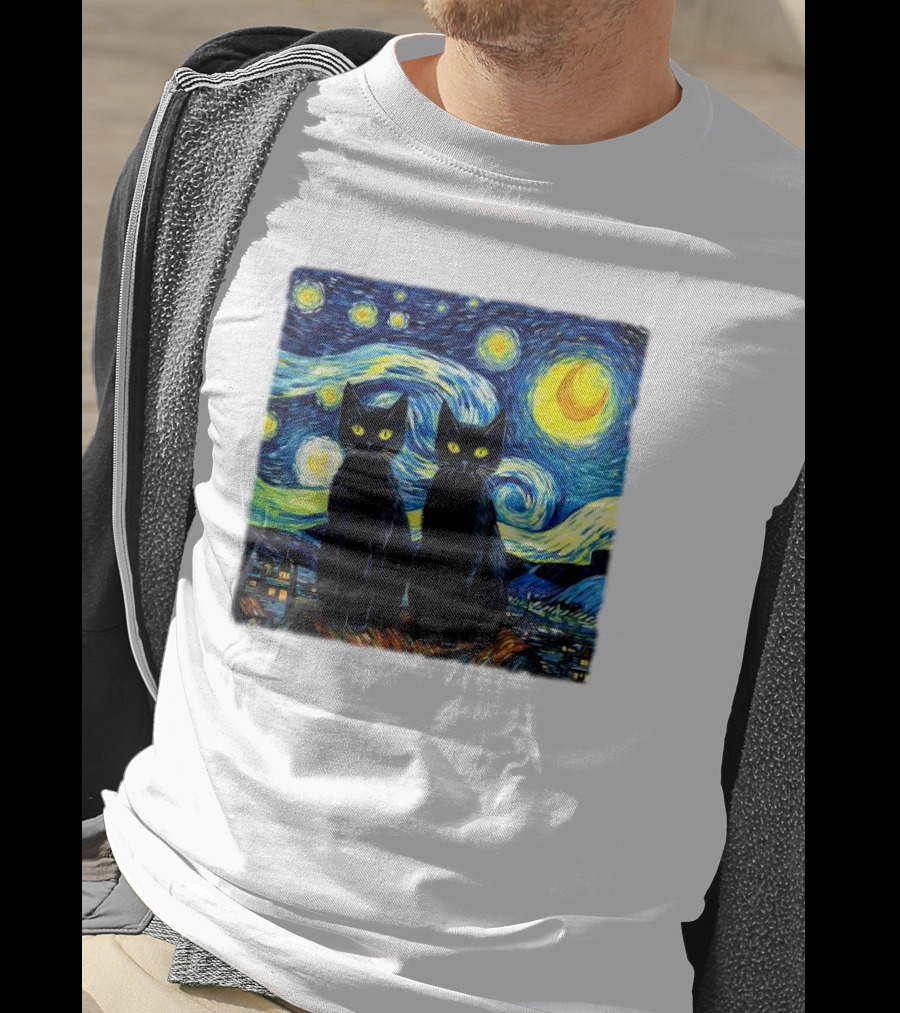 Black Cats Starry Night Vincent Van Gogh Painting Fusion T-Shirt