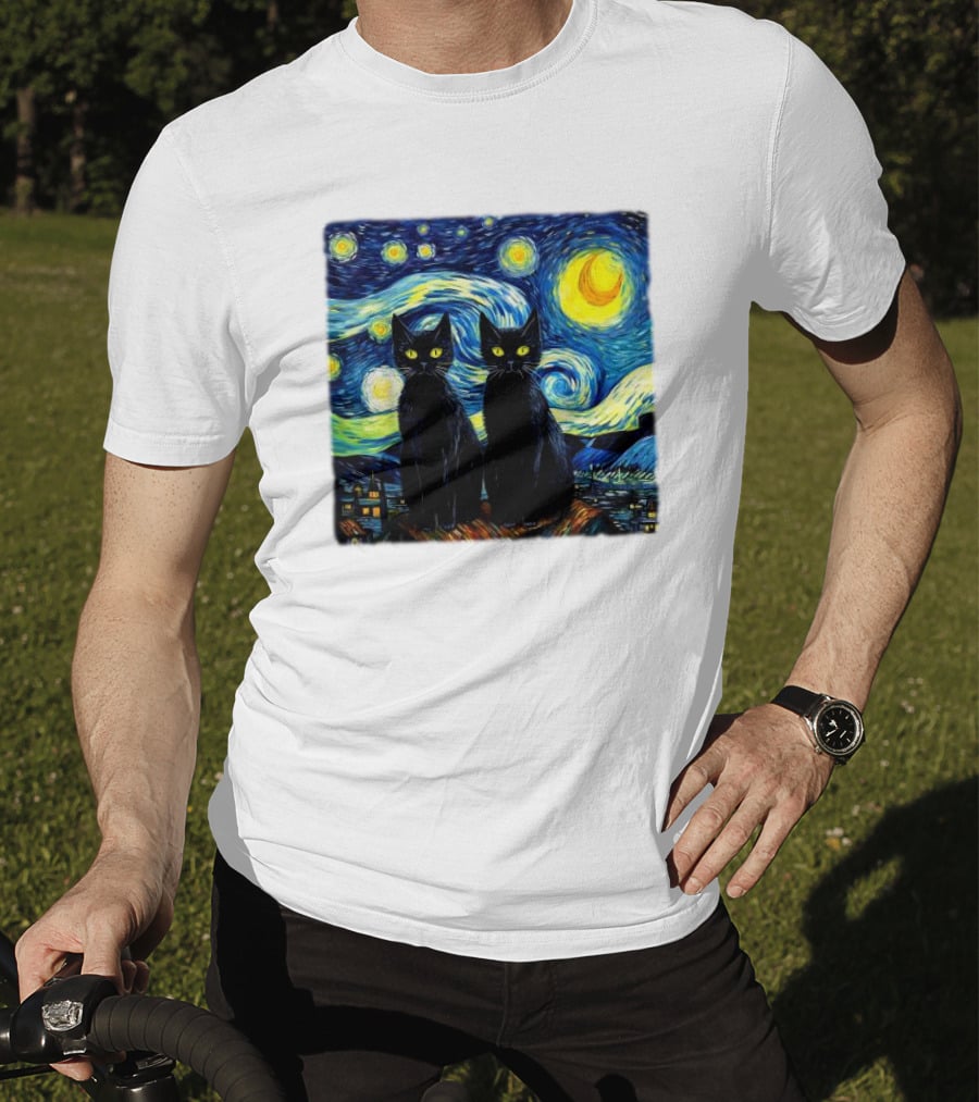 Black Cats Starry Night Vincent Van Gogh Painting Fusion T-Shirt
