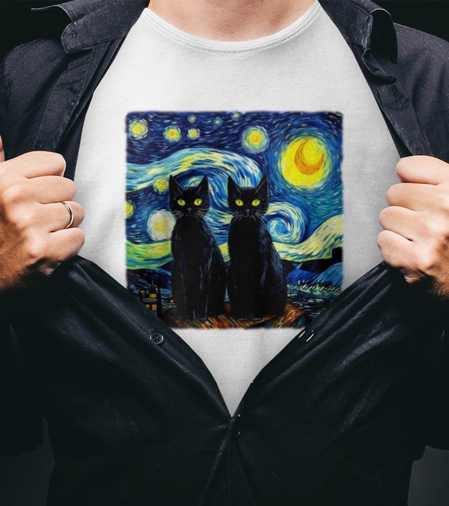 Black Cats Starry Night Vincent Van Gogh Painting Fusion T-Shirt