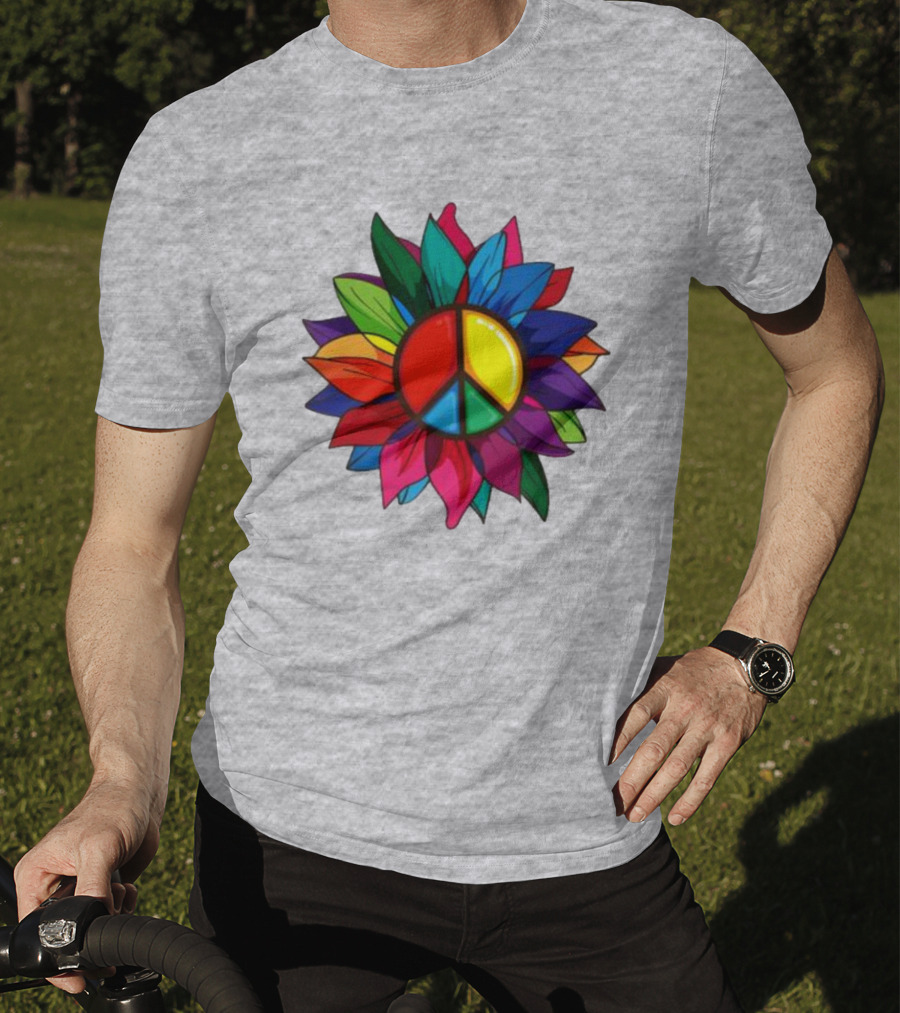 Hippie Rainbow Peace Sign Colorful Flower T-Shirt