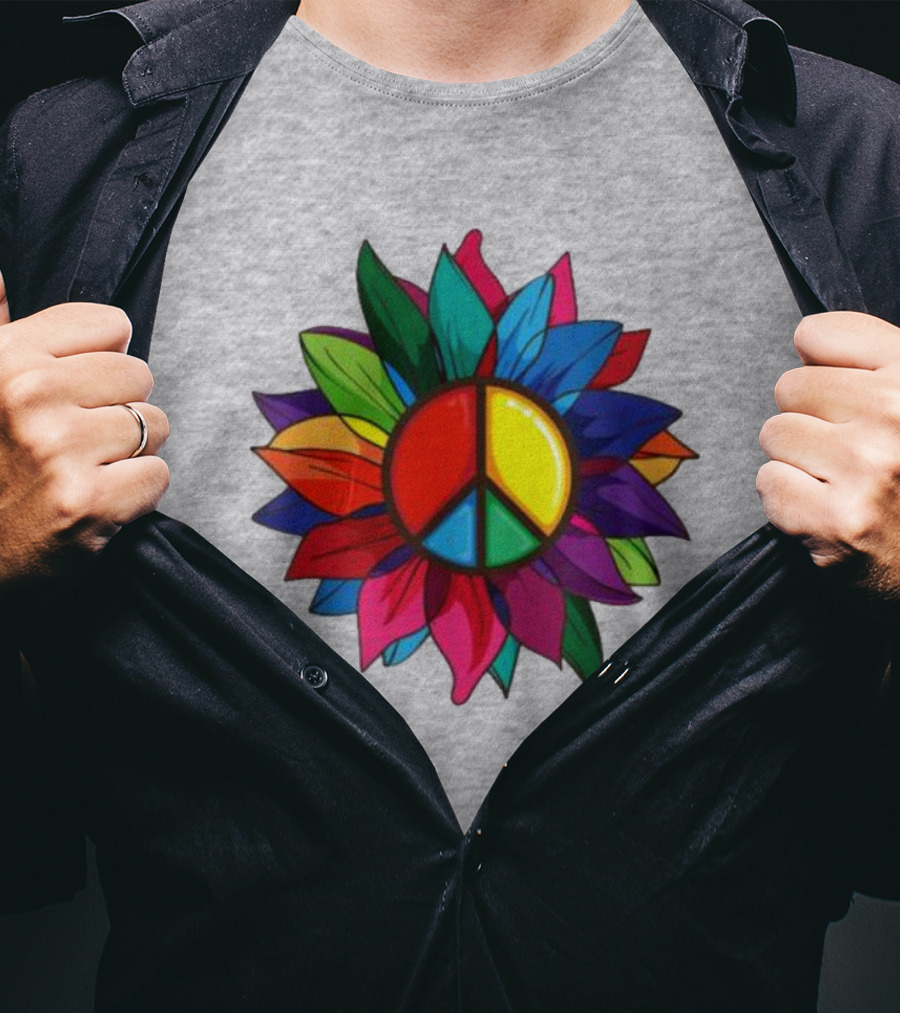 Hippie Rainbow Peace Sign Colorful Flower T-Shirt