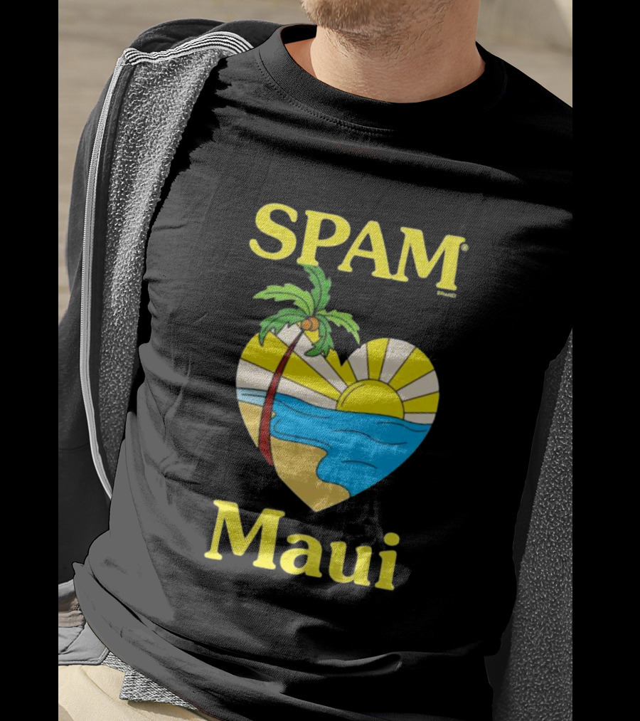 SPAM Brand Maui Heart Beach Sunset And Palm Tree T-Shirt