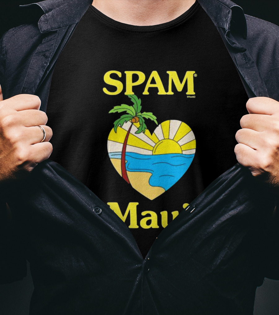 SPAM Brand Maui Heart Beach Sunset And Palm Tree T-Shirt