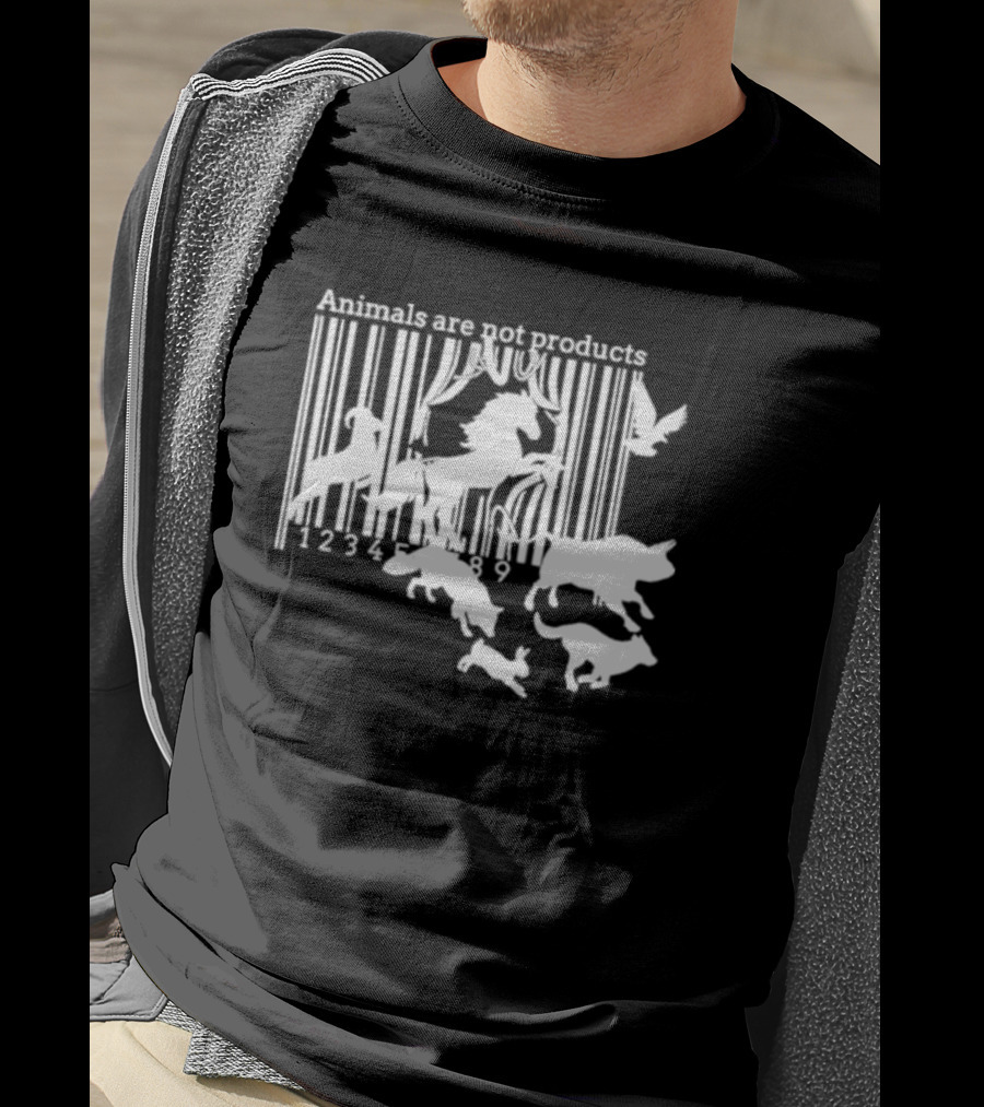 Veganactivism Animals Are Not Products Barcode Silhouette Horse Bird Cow Pig Rabbit 123489 T-Shirt