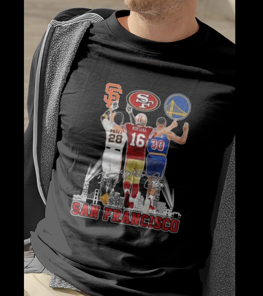 San Francisco Giants 49ers Warriors Buster Posey Joe Montana Stephen Curry Signatures T-Shirt