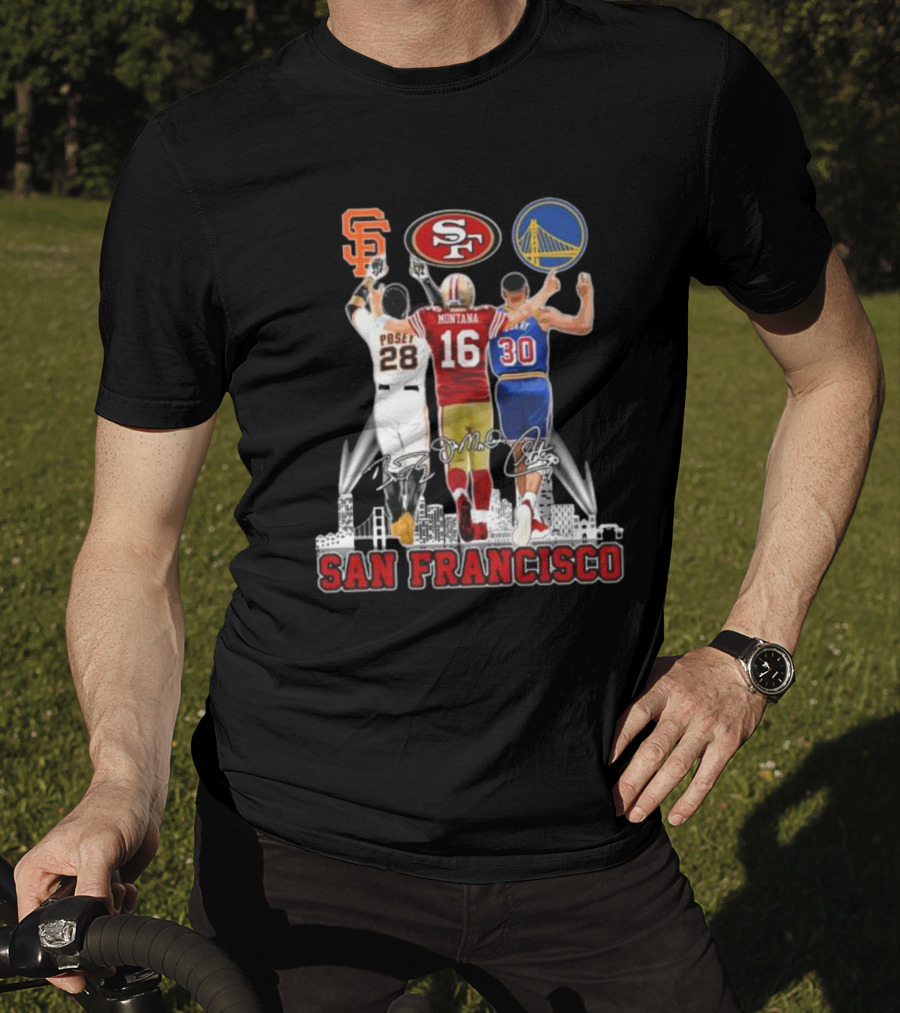 San Francisco Giants 49ers Warriors Buster Posey Joe Montana Stephen Curry Signatures T-Shirt