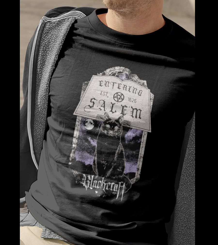 Blackcraft Cult Entering Salem Est. 1626 Black Cat And Crescent Moon Scene T-Shirt