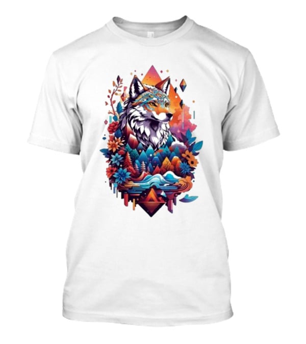 Colorful Geometric Wolf With Mountains And Flowers T-Shirt
