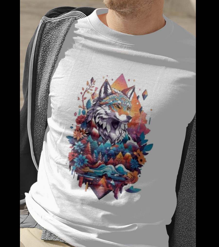 Colorful Geometric Wolf With Mountains And Flowers T-Shirt