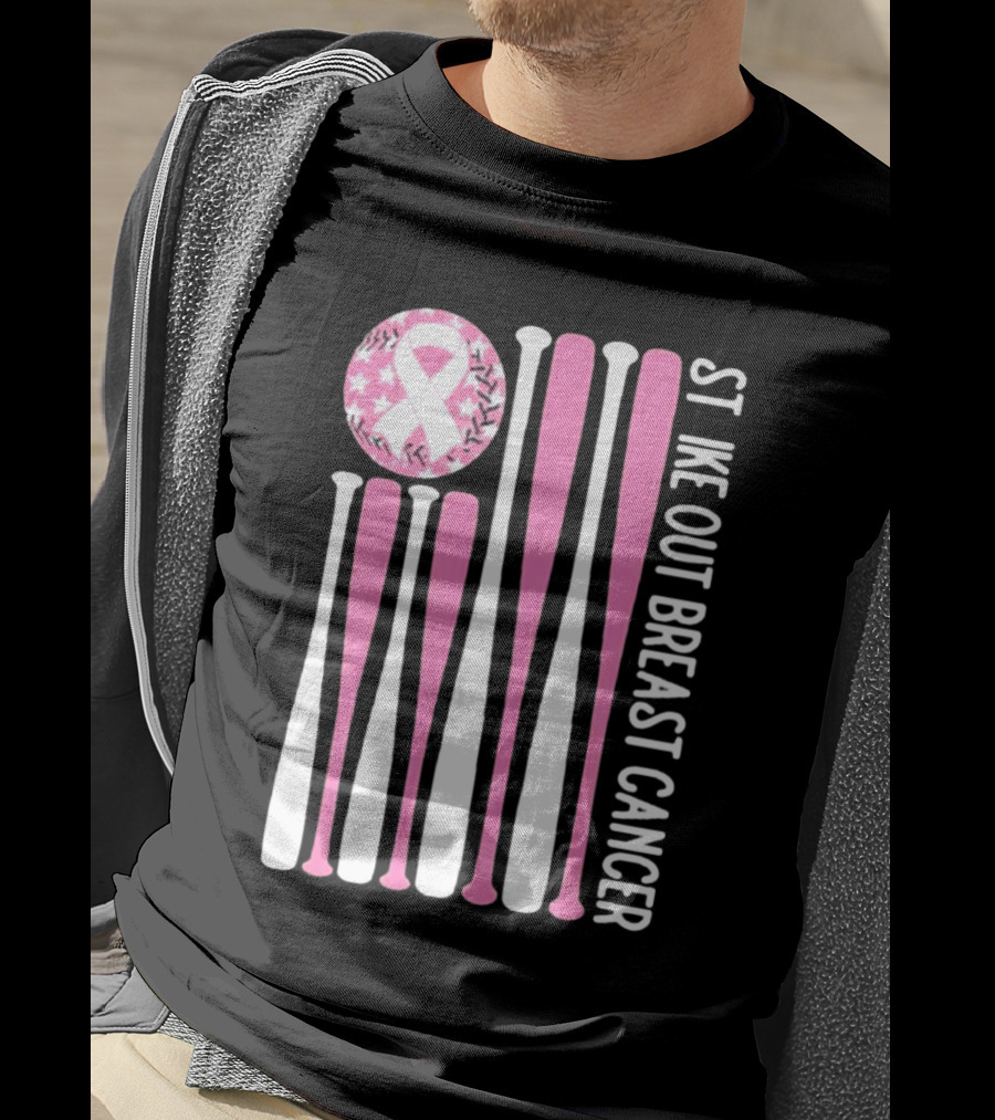 Strike Out Breast Cancer Baseball Pink Ribbon American Flag T-Shirt