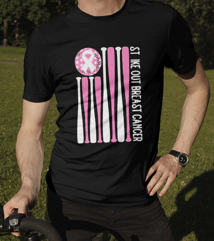 Strike Out Breast Cancer Baseball Pink Ribbon American Flag T-Shirt