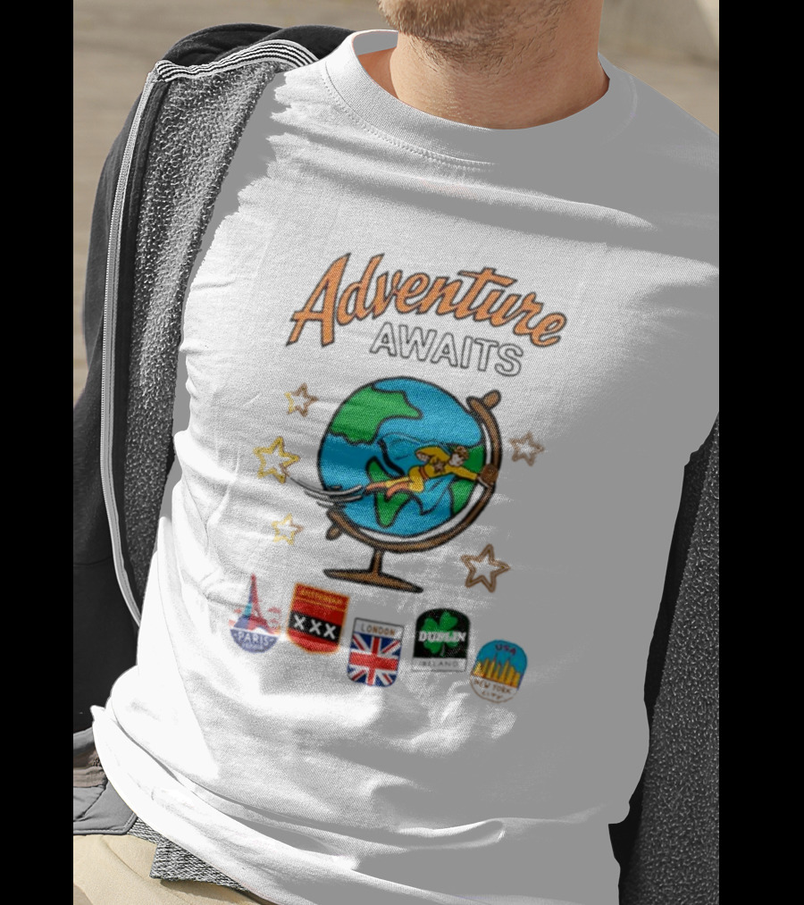 Adventure Awaits One Cent Travel Club Globe Paris Amsterdam London USA Icons T-Shirt