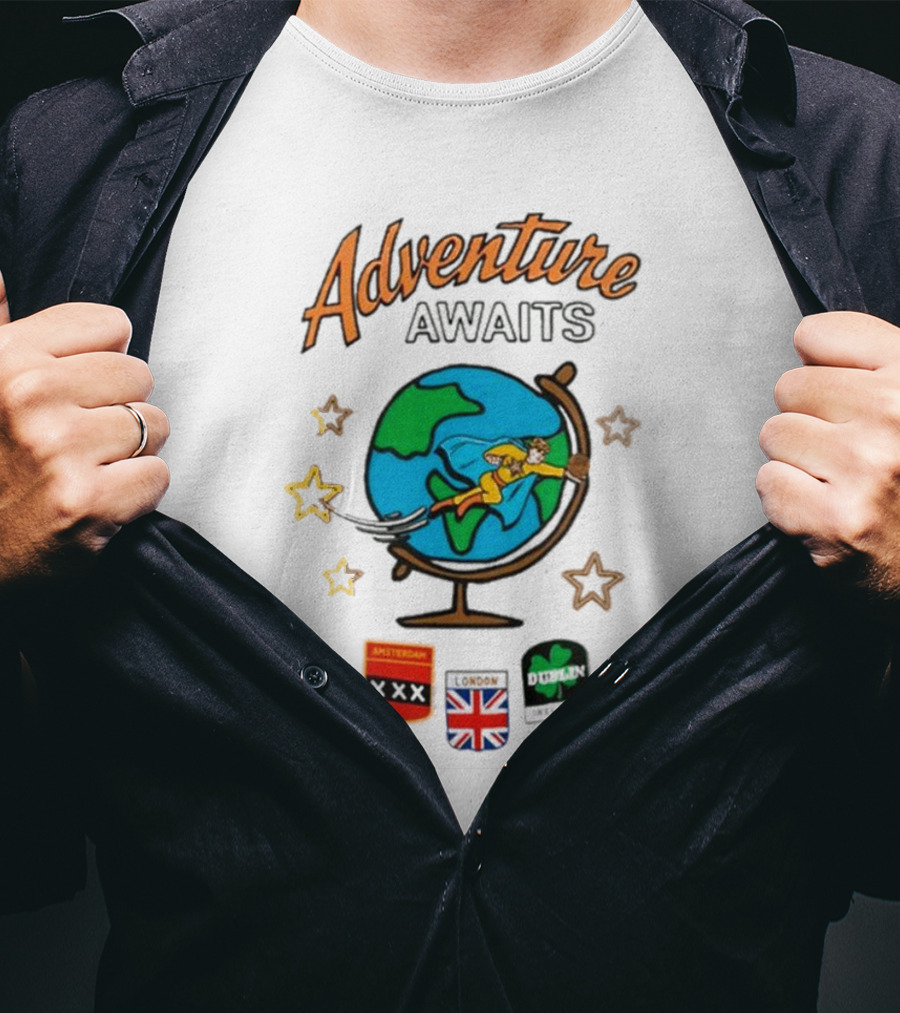 Adventure Awaits One Cent Travel Club Globe Paris Amsterdam London USA Icons T-Shirt