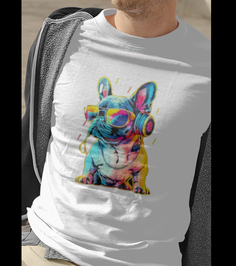 Bulldog Neon Headphones Vibrant Colors T-Shirt