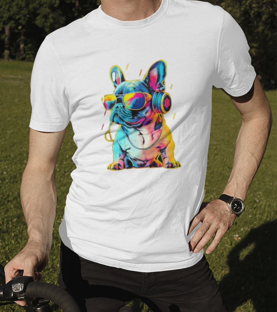Bulldog Neon Headphones Vibrant Colors T-Shirt