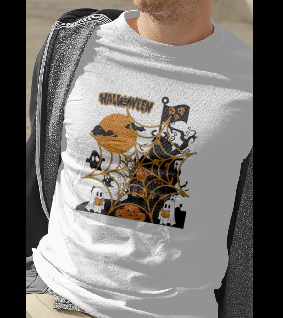 Halloween Spider Web Castle Moon Ghosts Pumpkins T-Shirt