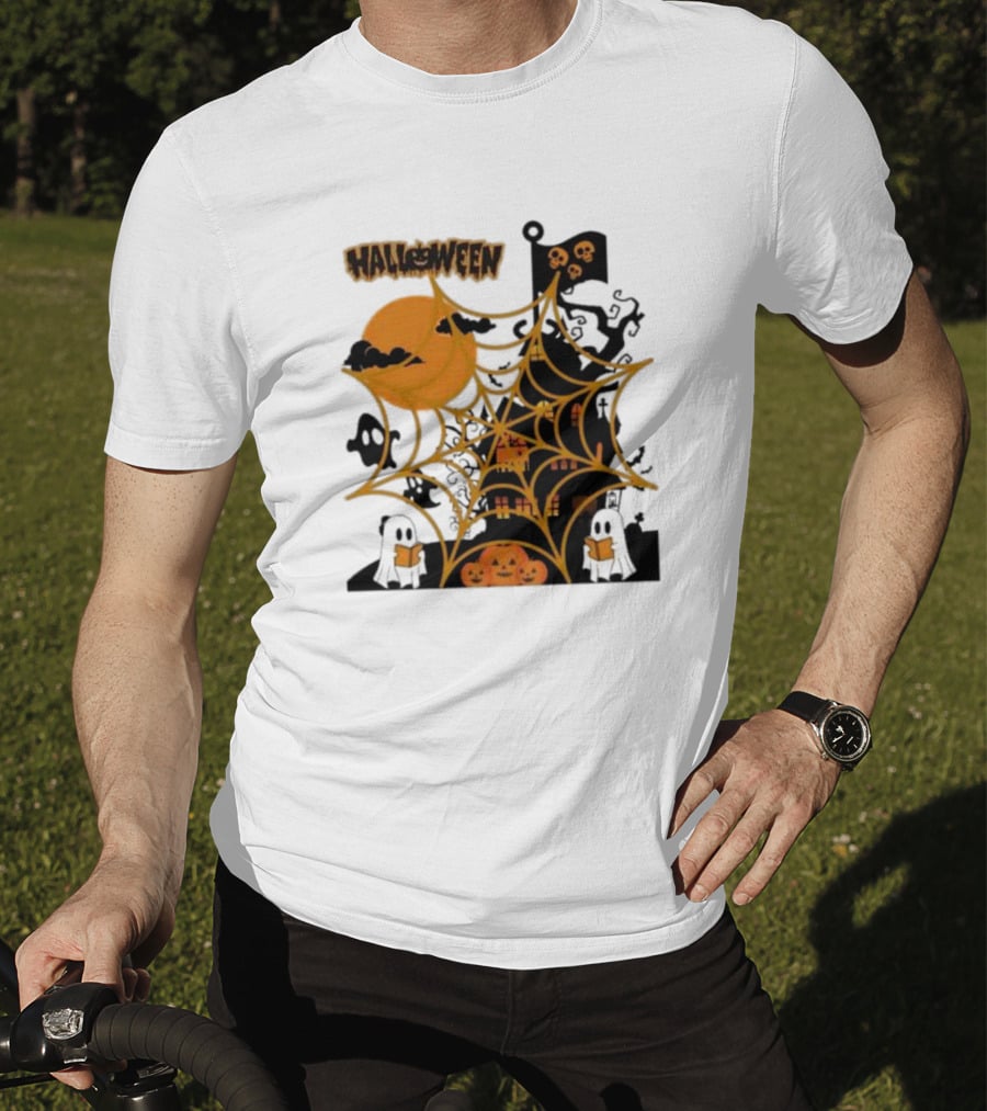 Halloween Spider Web Castle Moon Ghosts Pumpkins T-Shirt