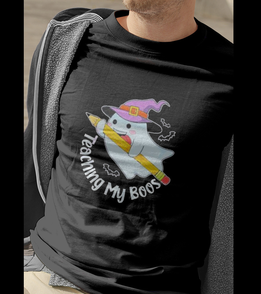 Teaching My Boos Halloween Ghost Funny Teacher Witch Hat Bat Pencil T-Shirt