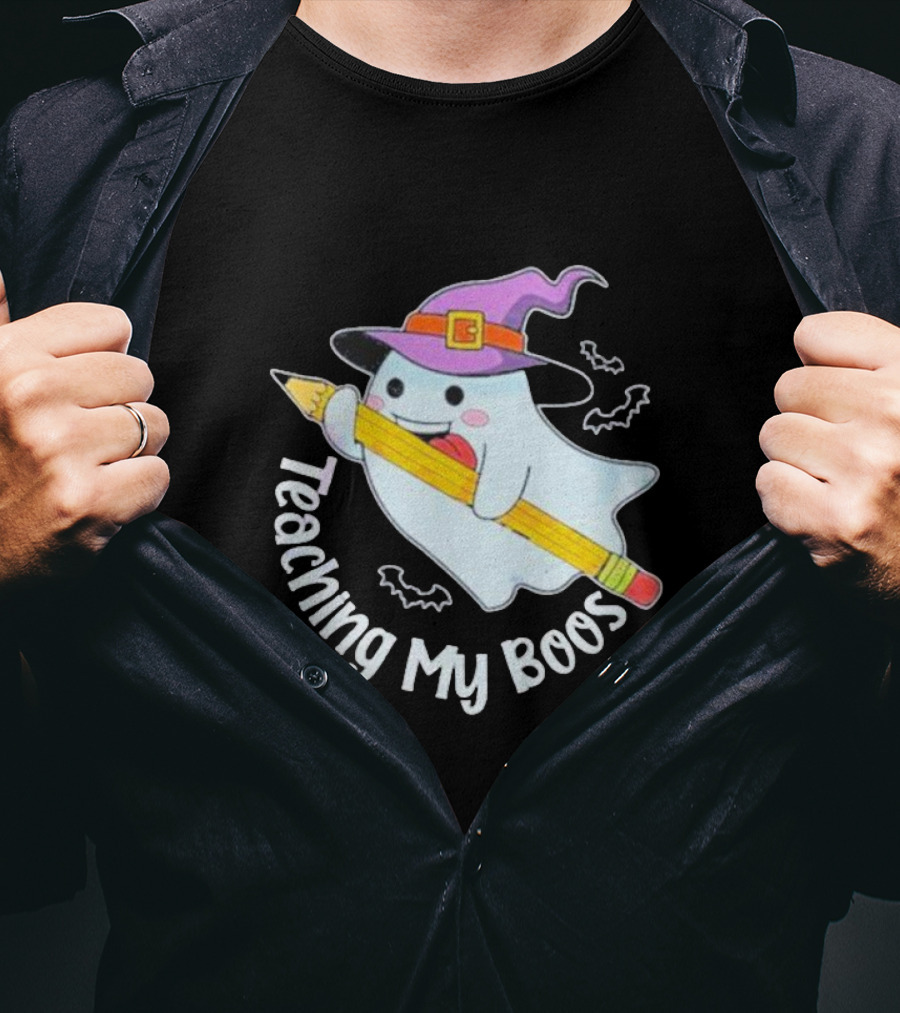 Teaching My Boos Halloween Ghost Funny Teacher Witch Hat Bat Pencil T-Shirt
