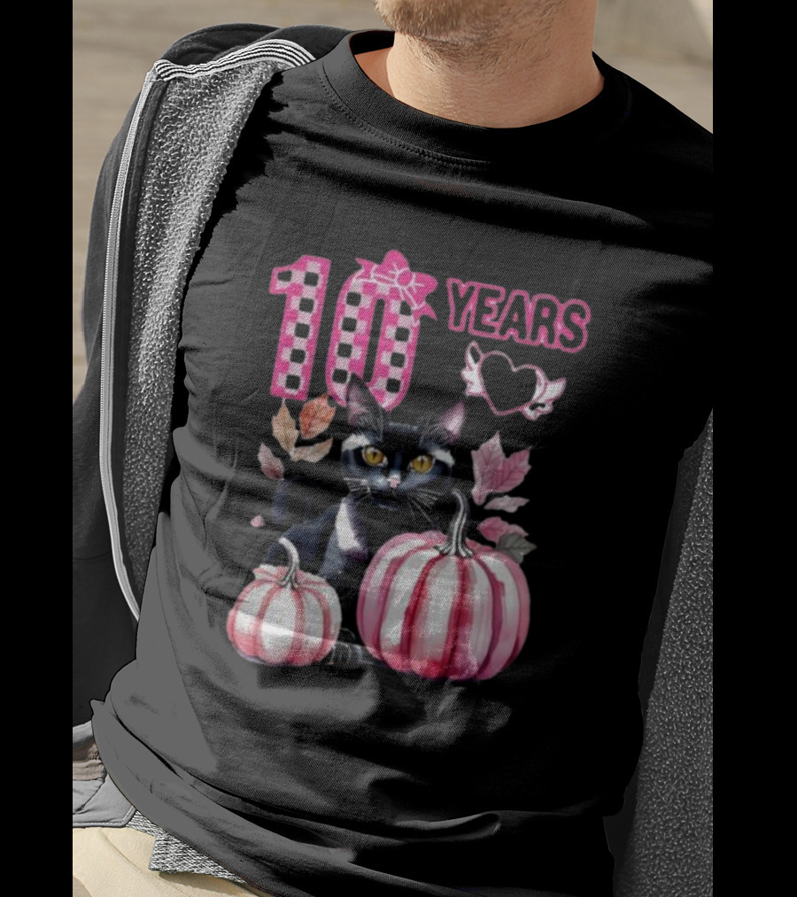 10 Years Black Cat Pink Pumpkin Birthday T-Shirt
