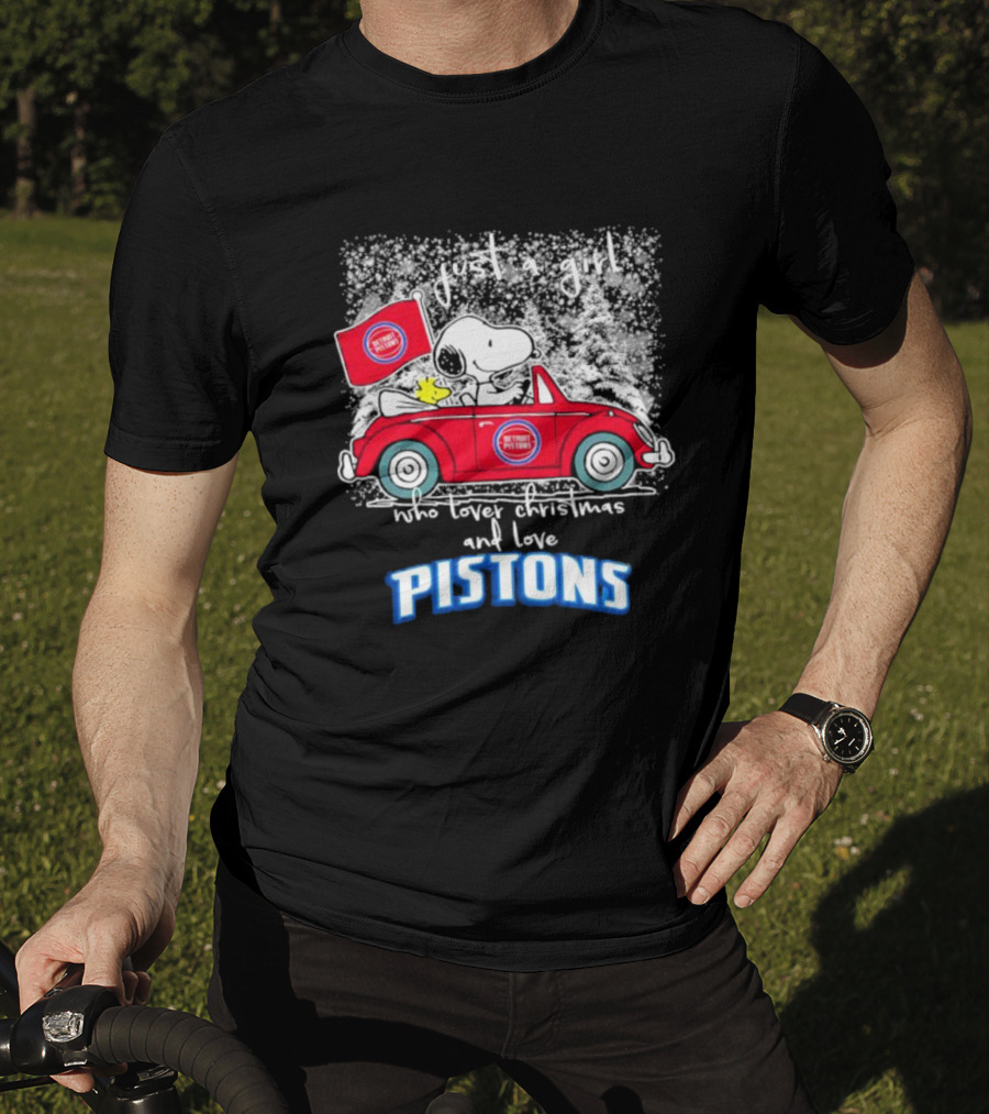 Snoopy And Woodstock Just A Girl Who Loves Christmas And Detroit Pistons T-Shirt