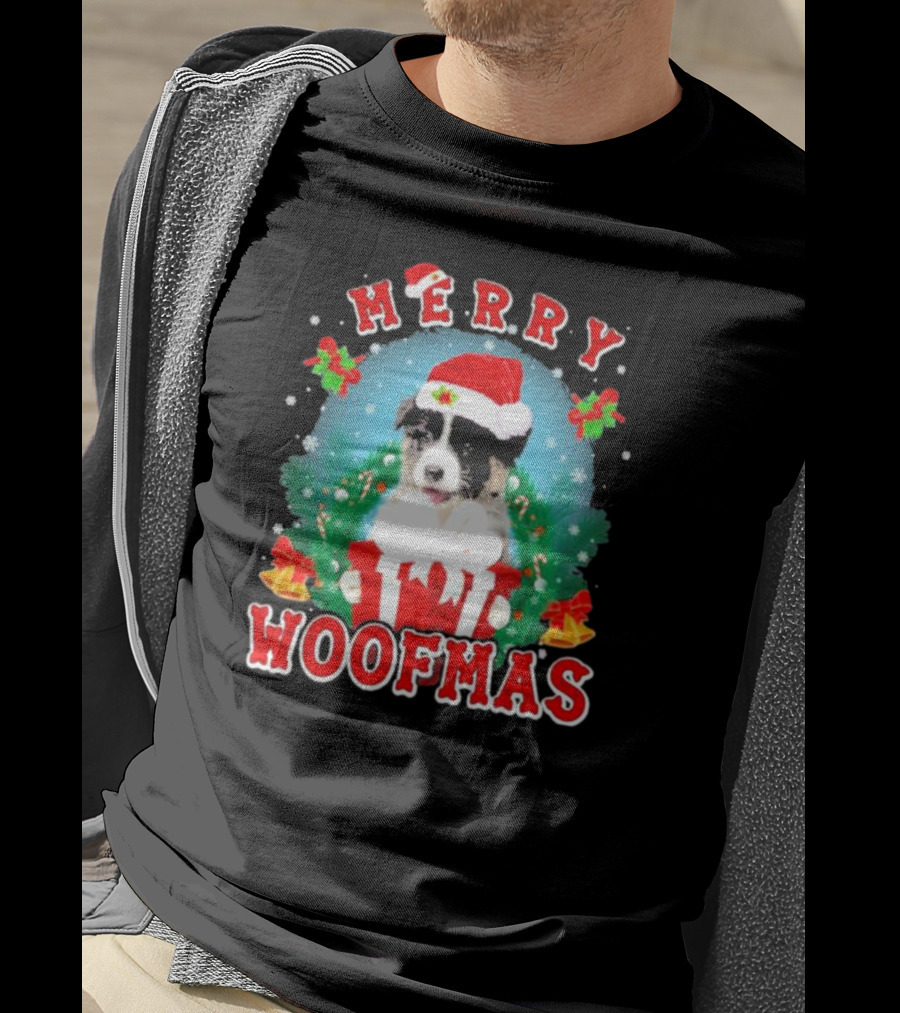 Merry Woofmas Australian Shepherd Dog In Santa Hat With Christmas Gift T-Shirt