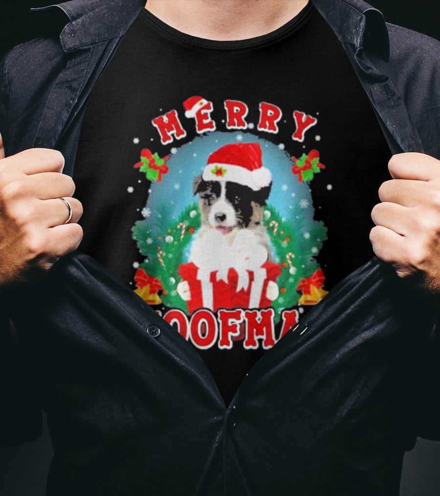Merry Woofmas Australian Shepherd Dog In Santa Hat With Christmas Gift T-Shirt