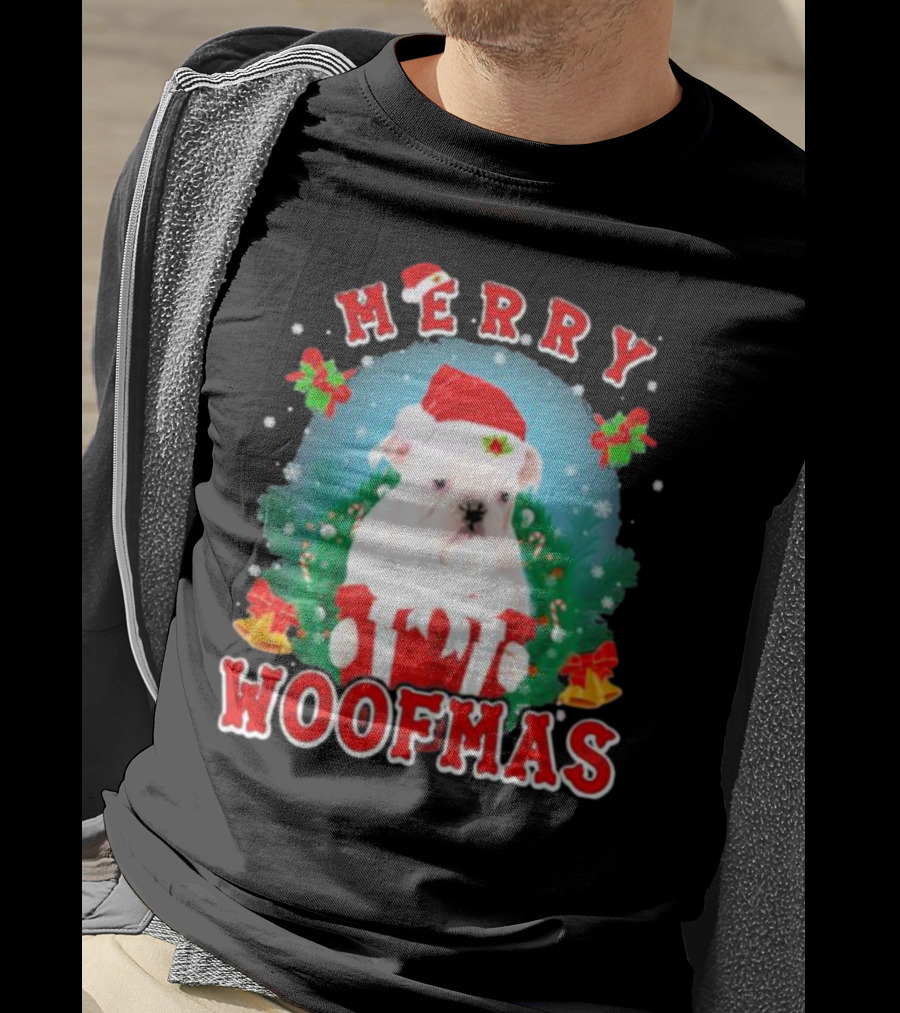 Bulldog In Santa Hat Merry Woofmas With Gifts And Bells T-Shirt