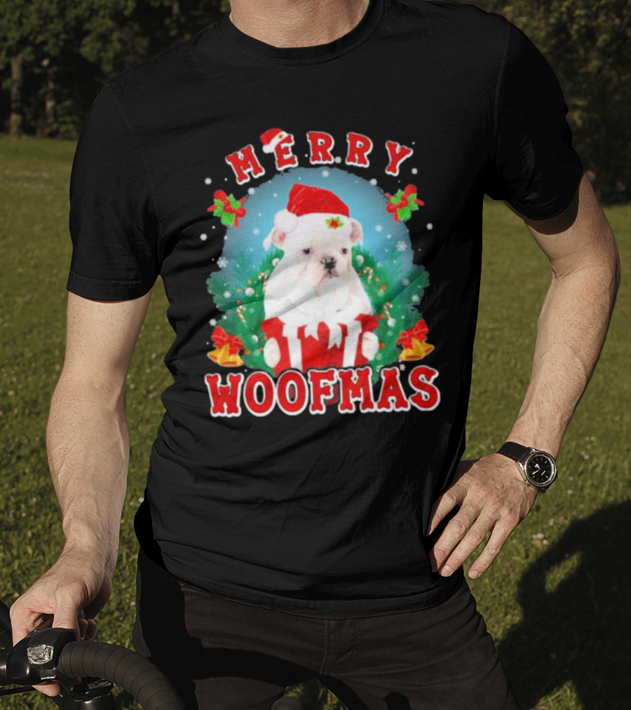 Bulldog In Santa Hat Merry Woofmas With Gifts And Bells T-Shirt