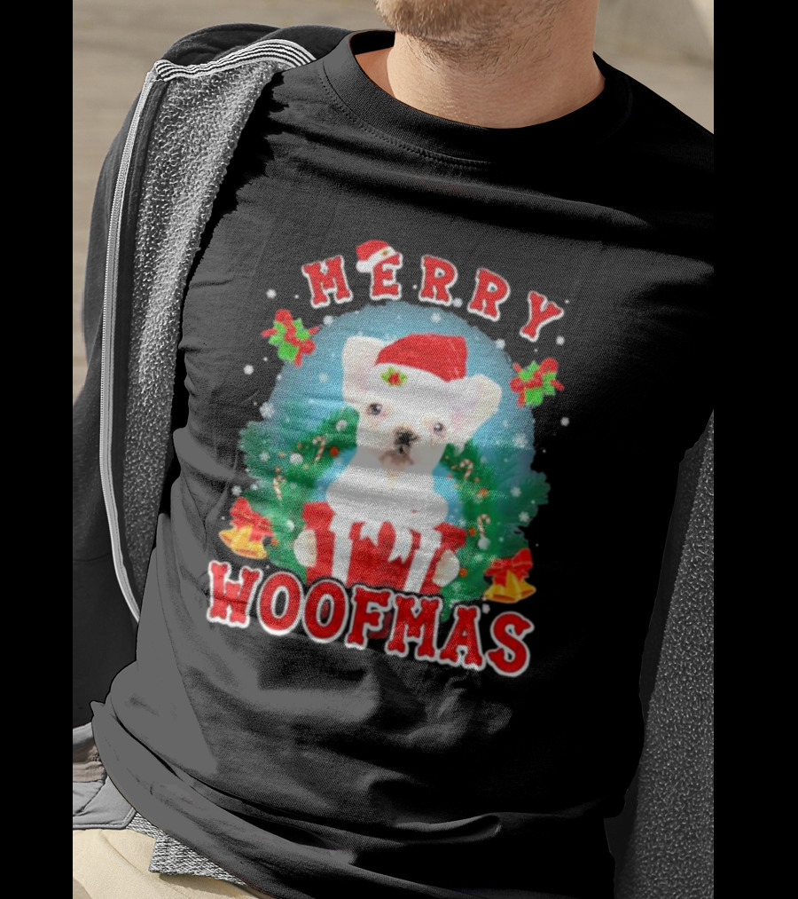 French Bulldog Merry Woofmas Holiday Joy Santa Hat Clematis Snow Christmas Wreath T-Shirt