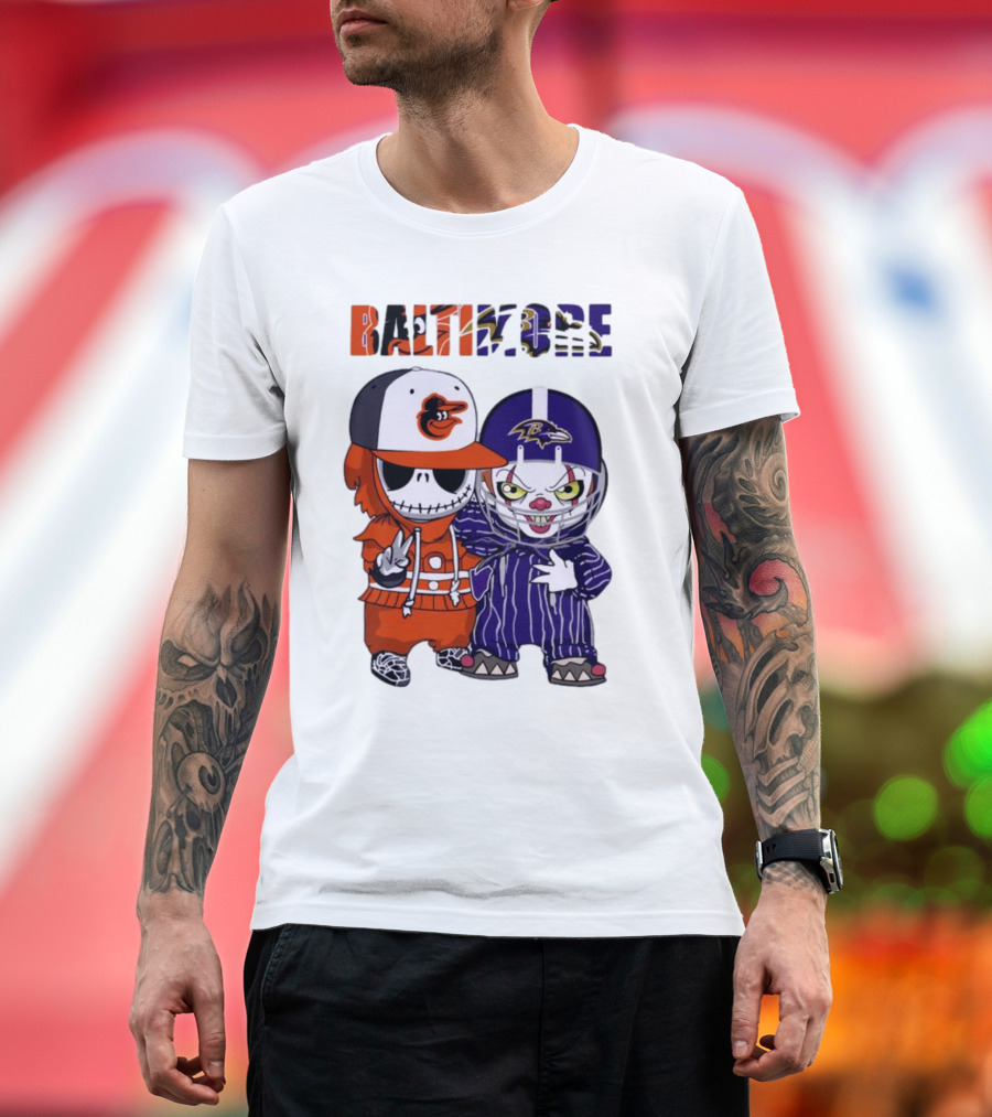 Baby Jack Skellington Pennywise Mashup Baltimore Orioles Ravens Halloween T-Shirt