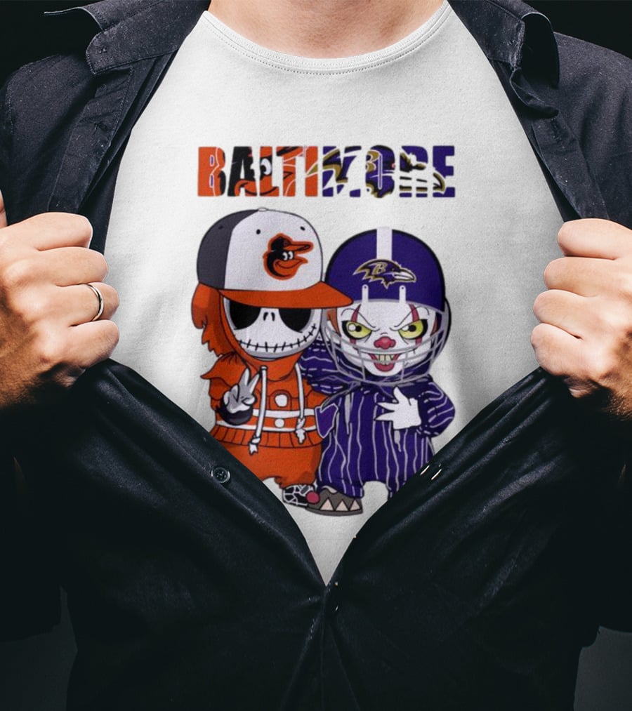 Baby Jack Skellington Pennywise Mashup Baltimore Orioles Ravens Halloween T-Shirt