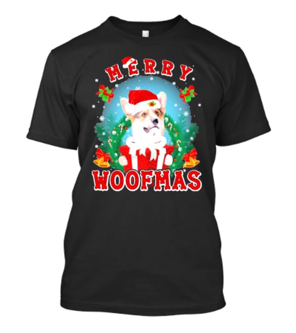 Merry Woofmas Welsh Corgi In Santa Hat With Presents And Christmas Decorations T-Shirt