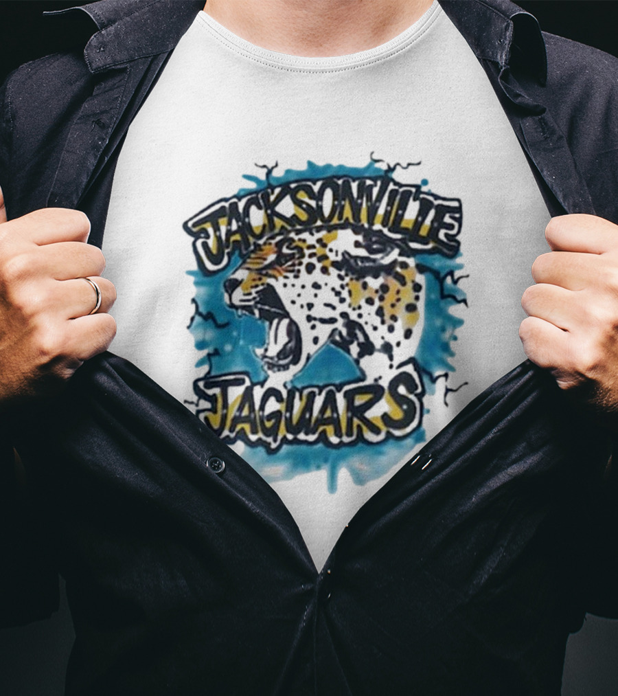 Jacksonville Jaguars Lafavre Airbrushed Roaring Jaguar With Blue Spray Background T-Shirt