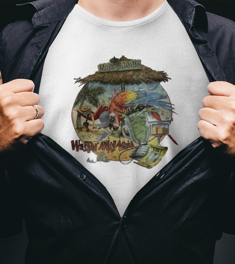 Margaritaville Wastin' Away Again Parrothead Island Trop Rock Beach Lover Fins Up Sail On Jimmy Buffett Fan T-Shirt