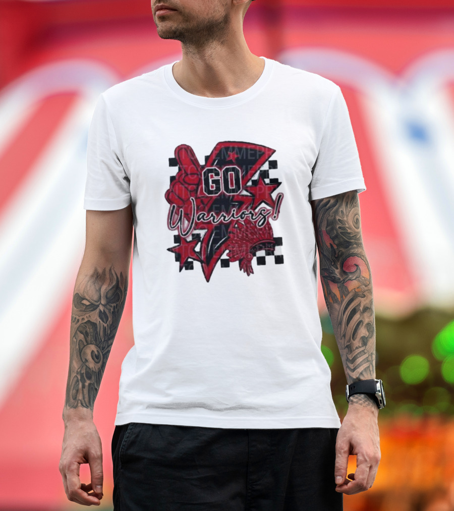 Go Warriors Football Sublimation with Foam Finger and Red Headdress T-Shirt