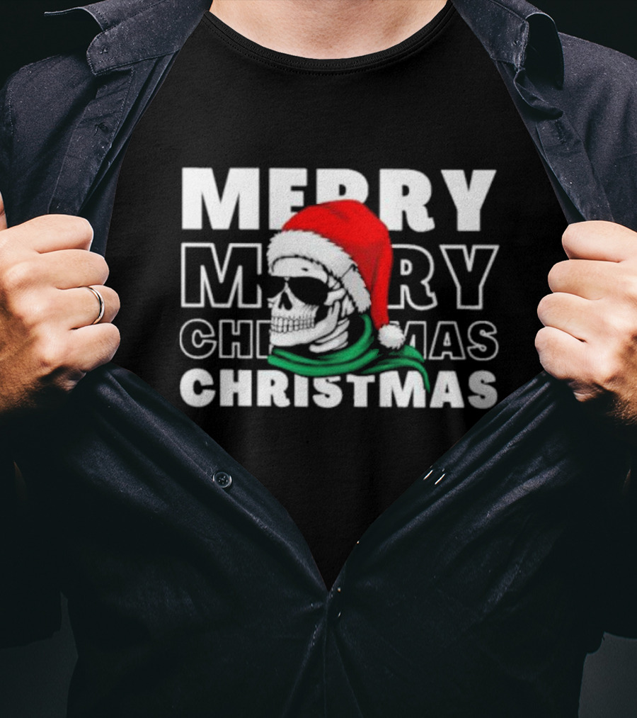 Merry Christmas Skull Santa Hat And Sunglasses T-Shirt