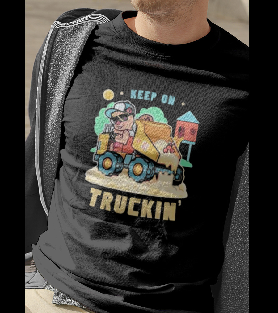 Keep On Truckin’ Cartoon Dog Driving Dump Truck With Doghouse And Sun T-Shirt